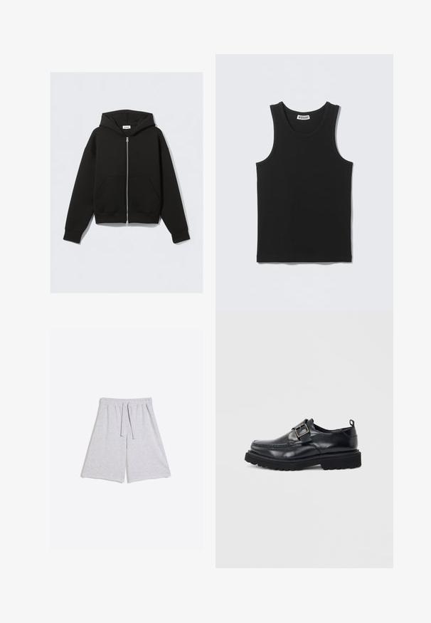 Sweat à capuche noir zippé avec poches avant, manches longues et capuche, posé à plat sur un fond clair.; Débardeur noir sans manches en côtes, col rond et étiquette de la marque Weekday à l'intérieur du col au dos.; Shorts tricotés gris clair longueur genou avec taille élastique et cordon, posés à plat sur fond blanc.; Mocassin en cuir noir avec semelle épaisse et sangle à boucle argentée sur le côté, sur fond blanc.