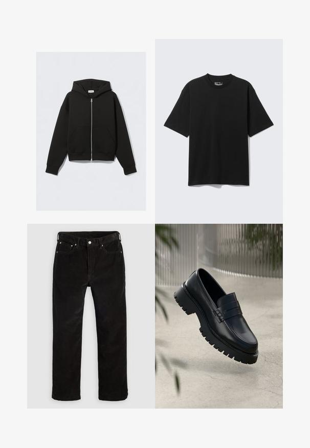 Zwarte zip-up hoodie met voorzakken, lange mouwen en een capuchon, platliggend tegen een lichte achtergrond.; Zwart T-shirt met korte mouwen, losse pasvorm en ronde hals, plat afgebeeld op een lichtgrijze achtergrond.; Zwarte fluwelen rechte broek met voorste knoop, ritssluiting, lussen voor een riem en vijf-pocketdesign op een effen lichte achtergrond.; Zwarte leren instappers met een chunky loopzool, voorzien van een decoratieve band en stikseldetails. Gladde textuur met een gepolijste afwerking.