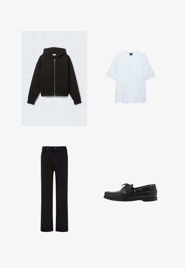 Zwarte zip-up hoodie met voorzakken, lange mouwen en een capuchon, platliggend tegen een lichte achtergrond.; Effen witte oversized T-shirt met korte mouwen, ronde halslijn en een zwart label aan de binnenkant van de kraag, op een witte achtergrond.; Zwarte denim broek met een recht model, voorzien van een knoopsluiting, riemlussen en voorzakken. Gladde textuur en uniforme kleur.; Zwarte lederen bootschoen met veter aan de voorkant, zijoogjes, gestikte neus en platte rubberen zool, zijaanzicht.