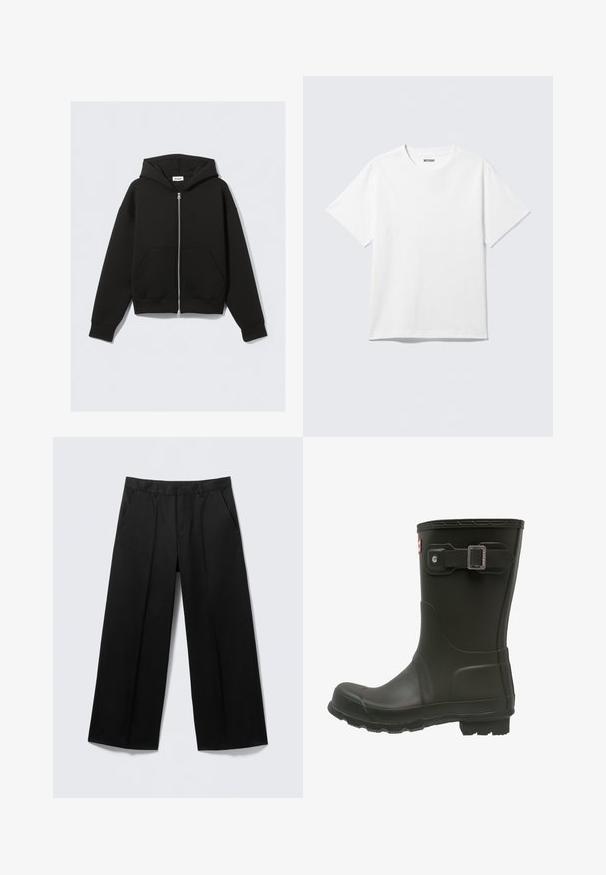 Zwarte zip-up hoodie met voorzakken, lange mouwen en een capuchon, platliggend tegen een lichte achtergrond.; Witte T-shirt met korte mouwen en ronde hals, plat gelegd, effen ontwerp, met een "WEEKDAY" label in de kraag op een lichte achtergrond.; Zwarte broek met brede pijpen, voorzien van lussen voor een ceintuur, steekzakken aan de voorkant en een ritssluiting, getoond op een lichtgrijze achtergrond.; Zwarte rubberen regenlaars met een ronde neus, een gespband aan de bovenkant en een geprofileerde buitenzool voor grip.