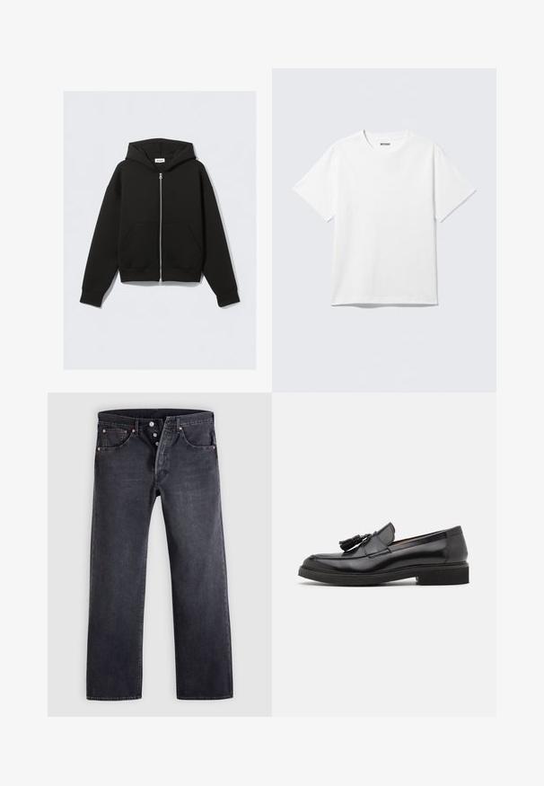 Sweat à capuche noir zippé avec poches avant, manches longues et capuche, posé à plat sur un fond clair.; T-shirt blanc à manches courtes et col rond, étalé à plat, design uni, avec l'étiquette "WEEKDAY" à l'intérieur du col sur un fond clair.; Jean en denim noir avec une coupe droite, design à cinq poches, et boutons en cuivre. Texture lisse avec une légère finition délavée.; Mocassins en cuir noir avec des détails en franges, bout rond et semelle texturée. Présente une finition lisse et un design minimaliste.