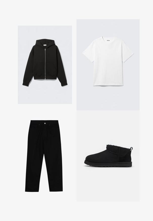 Zwarte zip-up hoodie met voorzakken, lange mouwen en een capuchon, platliggend tegen een lichte achtergrond.; Witte T-shirt met korte mouwen en ronde hals, plat gelegd, effen ontwerp, met een "WEEKDAY" label in de kraag op een lichte achtergrond.; Zwarte denim broek met een recht model, voorzien van twee voorzakken, een knoopsluiting en subtiele stikseldetails.; Zwarte suède enkellaarsjes met een zachte, gestructureerde voering, een lage rubberen zool en een lus aan de achterkant voor gemakkelijk aantrekken.