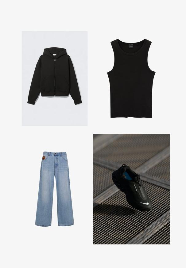 Sort lynlås-hoodie med frontlommer, lange ærmer og hætte, lagt fladt mod en lys baggrund.; Sort ribbet tanktop med rund halsudskæring og brede ærmegab, lavet af en blød, strækbar stof. Mærke: Pull&Bear.; Lyseblå vide jeans med høj talje og en lille farverig vævet detalje, der stikker frem fra den højre forlommer.; Sort Nike Air Max sko med et strømlinet design, lynlås-lukning, struktureret overdel og fremtrædende hvidt logo på siden, sat mod en gitterbaggrund.