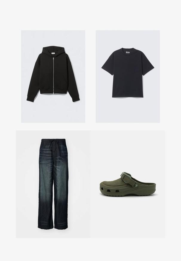 Sort lynlås-hoodie med frontlommer, lange ærmer og hætte, lagt fladt mod en lys baggrund.; Sort bomulds T-shirt med klassisk rund hals, korte ærmer og en afslappet pasform. Glat tekstur med minimal syning.; Bredde benbukser i mørk denim med en gradvis falmning. Har en elastisk talje med snor. Glat tekstur med subtile slidmønstre.; Grøn gummi klipklap med justerbar rem og ventilationshuller. Glat tekstur, rundt tåparti og hævet sål for komfort.