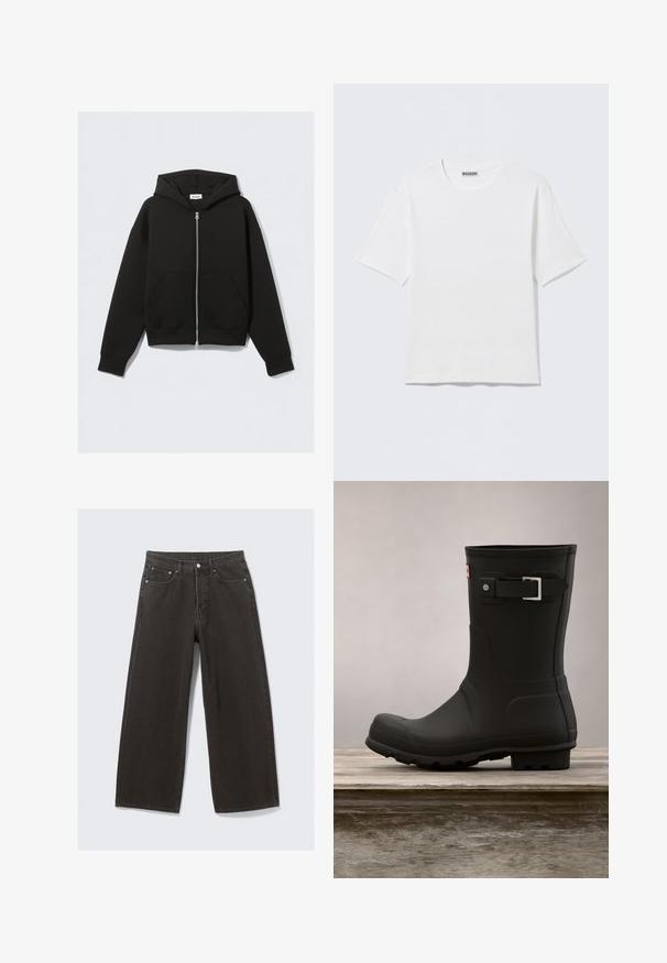Sort lynlås-hoodie med frontlommer, lange ærmer og hætte, lagt fladt mod en lys baggrund.; Hvid, kortærmet t-shirt med rund hals og et lille "WEEKDAY"-mærke på indersiden af bagkraven, vist på en flad overflade.; Bredde ben sorte denim jeans har høj talje, fem-lomme design og knaplukning foran. Stoffet har en blød, tekstureret overflade.; Sorte gummistøvler med lav hæl, rund tå og en sølv spændeaccent. Har en tekstureret sål for godt fodfæste.
