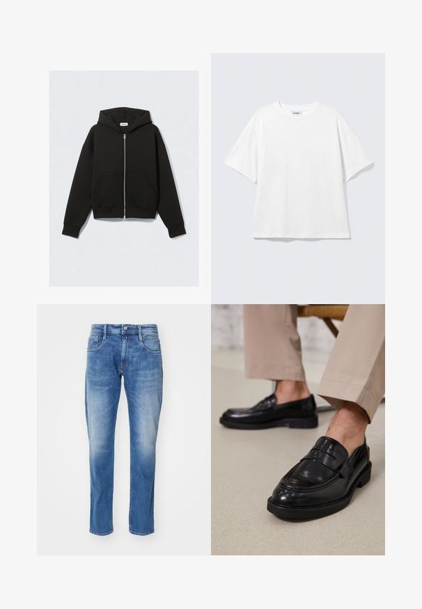 Schwarzer Kapuzenpullover mit Reißverschluss, Fronttaschen, langen Ärmeln und Kapuze, flach auf einem hellen Hintergrund liegend.; Weißes oversized T-Shirt mit kurzen Ärmeln und Rundhalsausschnitt mit eingesetzten Schultern, flach auf hellgrauem Hintergrund.; Hellblaue Jeans aus Denim mit geradem Bein, fünf Taschen, dezentem Verblassen und einem normalen Bund mit Knopfverschluss.; Schwarze Lederloafers mit glatter Oberfläche, ausgestattet mit einem dekorativen Riemen und Kontrastnähten, kombiniert mit beigen Hosen.