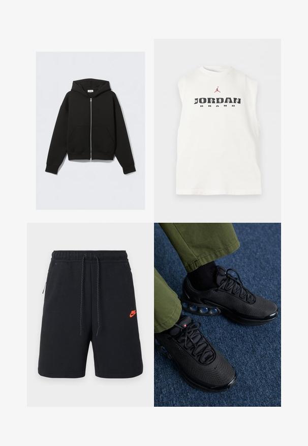 Sort lynlås-hoodie med frontlommer, lange ærmer og hætte, lagt fladt mod en lys baggrund.; Hvid ærmeløs skjorte med teksten "JORDAN BRAND" og en rød Jumpman-logo over teksten på brystområdet.; Sorte Nike-shorts med elastisk talje, snøre, sidelommer og lille orange Nike-logo på venstre lår.; Sorte sportssko med mesh-overdel, tekstureret overflade og synlige luftpolstringselementer. Kombineret med olivengrønne bukser og sorte sokker.