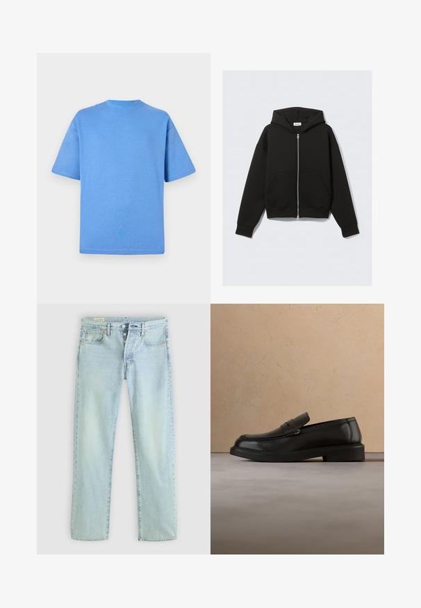 Sort lynlås-hoodie med frontlommer, lange ærmer og hætte, lagt fladt mod en lys baggrund.; Blå bomulds T-shirt med korte ærmer, rund halsudskæring og ensfarvet design. Blød tekstur og afslappet pasform.; Lyseblå denimjeans med lige pasform, fem lommer, knapgylp og subtil falming. Har syninger og kobbernitter som detaljer.; Sort læderloafer svæver over et beige flettet tæppe med et rundt træbord og en sofa i baggrunden.