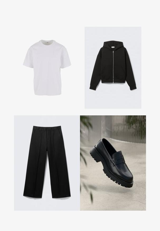 Sort lynlås-hoodie med frontlommer, lange ærmer og hætte, lagt fladt mod en lys baggrund.; Hvid T-shirt med korteærmer lavet af blødt bomuld, med rund halsudskæring og en afslappet pasform med lige kant. Ingen mønstre eller detaljer synlige.; Sorte vidde-bukser med bæltestropper, forlommer og lynlås foran, vist på en lysegrå baggrund.; Sorte læder loafers med en chunky sål, der har en dekorativ rem og syninger. Glat tekstur med en poleret overflade.