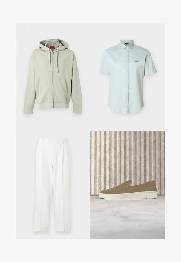 Sweat à capuche zippé gris clair avec poches avant, capuche à cordon, poignets côtelés et logo discret de la marque sur la poitrine.; Chemise bleu clair à manches courtes avec col boutonné et logo noir "BOSS" sur la poitrine gauche.; Pantalon blanc sur mesure avec une coupe droite, présentant des plis, un devant plat et une texture de tissu lisse. Aucune poche ni accent visible.; Chaussure beige sans lacets avec semelle blanche, présentée en suspension sur un tapis clair avec un mobilier transparent de couleur ambre en arrière-plan.