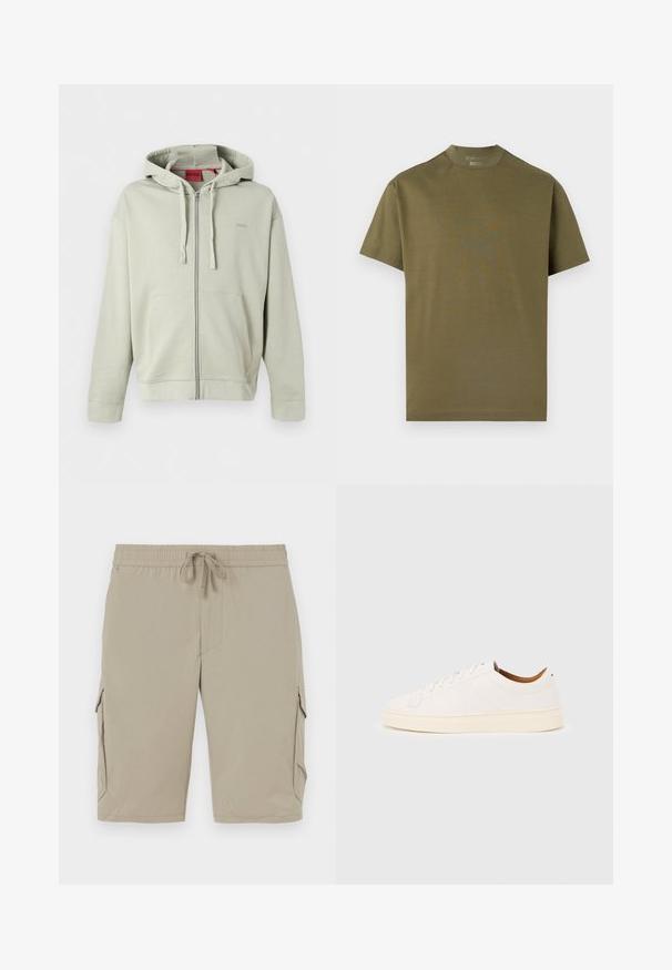 Lysegrå hættetrøje med lynlås, frontlommer, snørejusterbar hætte, ribkant ved ærmerne og subtilt mærkelogo på brystet.; Olivengrøn T-shirt med korte ærmer og rund hals, med subtilt præget Porsche-logo på brystet og BOSS-mærke på kraven.; Beige cargo shorts med elastisk talje og snor. Har sidelommer og et glat, let stof.; Hvid lavtop-sneakers med snørelukning, minimale syningsdetaljer og en cremefarvet sål på en lysegrå baggrund.