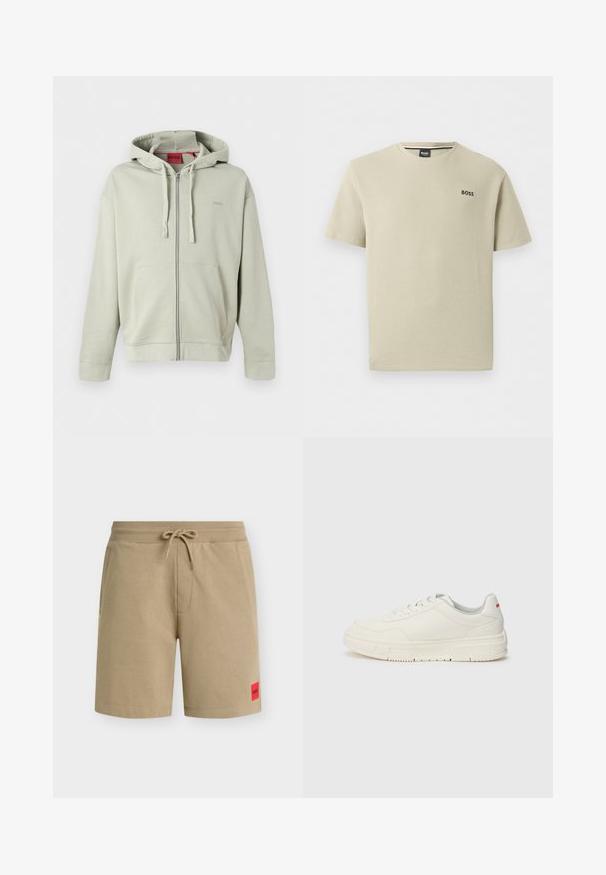 Sudadera con capucha gris claro con cremallera, bolsillos delanteros, capucha con cordón, puños acanalados y logo de marca sutil en el pecho.; Camiseta beige texturizada de manga corta y cuello redondo con el logo "BOSS" en el pecho izquierdo.; Pantalones cortos casuales beige con cintura ajustable con cordón, bolsillos laterales y pequeño parche rojo de la marca en la parte inferior de la pierna izquierda.; Zapatillas blancas con un upper de cuero liso, puntera redonda, cordones planos y una suela de goma texturizada. Un detalle rojo se encuentra en el talón.