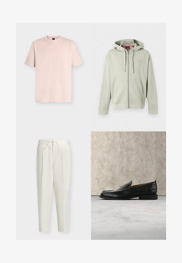 Sweat à capuche zippé gris clair avec poches avant, capuche à cordon, poignets côtelés et logo discret de la marque sur la poitrine.; T-shirt rose clair à manches courtes et col rond avec petit logo blanc BOSS centré sur la poitrine sur fond uni.; Pantalon écru fuselé avec taille élastique, plis devant et cordon réglable à la taille.; Mocassin pour homme en cuir noir avec un dessus embossé effet croco et un petit talon, présenté de profil sur un fond neutre.