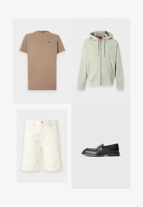 Sweat à capuche zippé gris clair avec poches avant, capuche à cordon, poignets côtelés et logo discret de la marque sur la poitrine.; T-shirt beige à manches courtes en coton doux, doté d'un col rond et d'un discret logo noir "BOSS" sur la poitrine gauche.; Short en denim couleur crème jusqu'aux genoux avec poches avant, passants de ceinture, fermeture par bouton et ourlets retournés.; Mocassins en cuir noir avec une finition texturée, dotés d'une bride décorative à l'avant et d'un bout arrondi. Semelle en caoutchouc pour plus de durabilité.