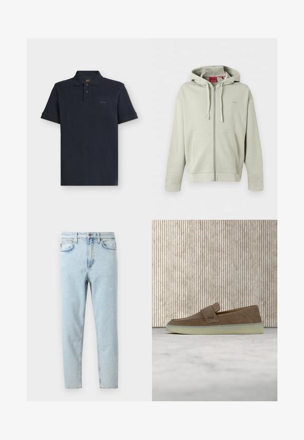 Lichtgrijze zip-up hoodie met zakken aan de voorkant, capuchon met trekkoord, geribbelde manchetten en subtiel merkembleem op de borst.; Donkerblauw polo met korte mouwen, een tweeknops knoopsluiting en een subtiel "BOSS"-logo op de linkerborst.; Lichtblauwe slim-fit jeans met hoge taille, knoop en rits aan de voorkant, voor- en achterzakken, weergegeven op een witte achtergrond.; Beige suède instapper loafer met witte rubberen zool en BOSS-logo op de zijband, getoond tegen een effen neutrale achtergrond.