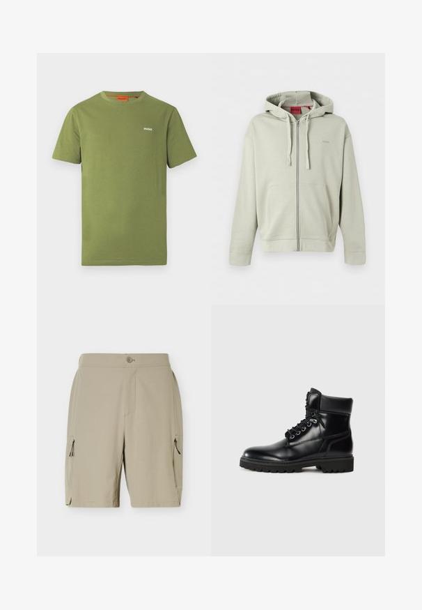 Sweat à capuche zippé gris clair avec poches avant, capuche à cordon, poignets côtelés et logo discret de la marque sur la poitrine.; T-shirt en coton vert olive à manches courtes, col rond, logo blanc "HUGO" sur la poitrine, design uni.; Shorts beiges mi-genoux avec fermeture à boutons et poches zippées de chaque côté, conçus pour un usage décontracté ou en plein air.; Bottine en cuir noir avec une finition brillante, design à lacets, col rembourré et semelle en caoutchouc robuste avec des grips de traction.