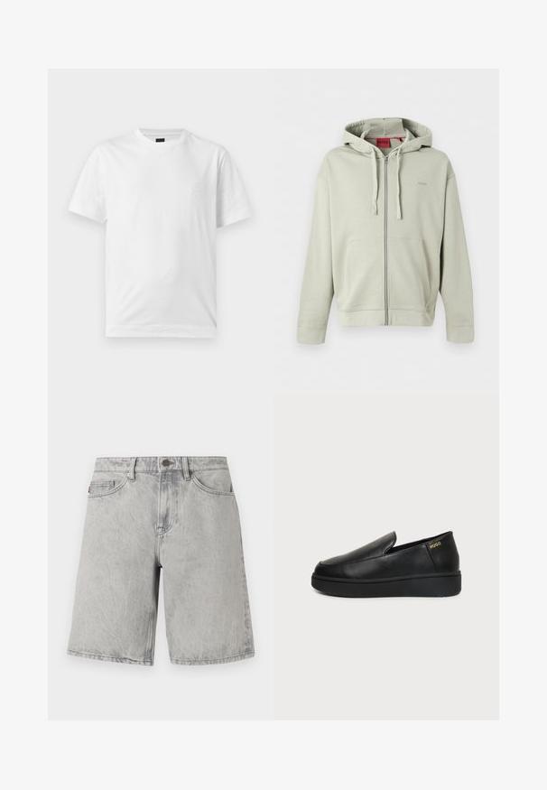 Sweat à capuche zippé gris clair avec poches avant, capuche à cordon, poignets côtelés et logo discret de la marque sur la poitrine.; T-shirt blanc uni à manches courtes et col rond avec un petit logo embossé subtil sur la partie gauche de la poitrine.; Shorts en jean gris clair avec fermeture par bouton et fermeture éclair, passants pour ceinture et poches avant, présentés sur un fond blanc.; Chaussure noire en cuir à enfiler avec semelle épaisse et petits trous de ventilation latéraux, avec un logo doré "HUGO" près du talon.