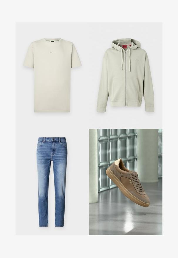 Sweat à capuche zippé gris clair avec poches avant, capuche à cordon, poignets côtelés et logo discret de la marque sur la poitrine.; T-shirt en coton beige avec col rond et manches courtes. Présente un logo "BOSS" argenté discret sur la poitrine. Texture lisse.; Jean en denim bleu clair avec une coupe droite, des détails délavés, cinq poches, une fermeture à bouton en métal et des passants pour ceinture.; Baskets décontractées beiges avec lacets et logo « BOSS », flottant au-dessus d’un sol en béton poli avec un mur en blocs de verre en arrière-plan.