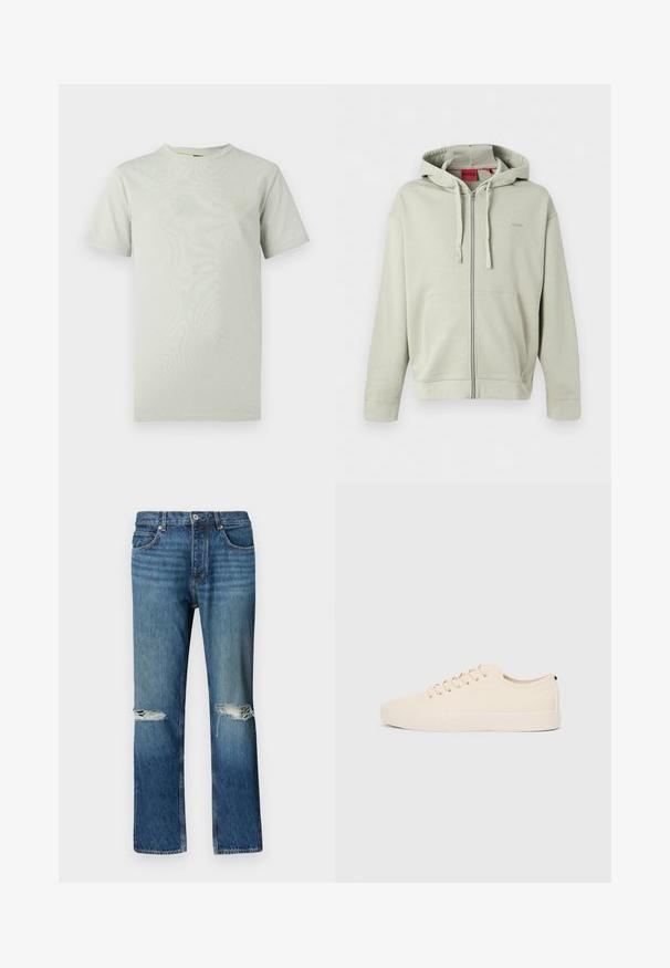 Sweat à capuche zippé gris clair avec poches avant, capuche à cordon, poignets côtelés et logo discret de la marque sur la poitrine.; T-shirt vert clair à manches courtes en coton doux et lisse, avec un col rond et une petite étiquette logo sur la poitrine gauche.; Jean en denim bleu à jambe droite avec des déchirures usées sur les deux genoux, fermeture à boutons sur le devant et design à cinq poches.; Baskets en toile beige avec bout arrondi, semelle en caoutchouc plate et lacets à l'avant. Présente un design minimaliste et un accent noir contrastant au niveau du talon.
