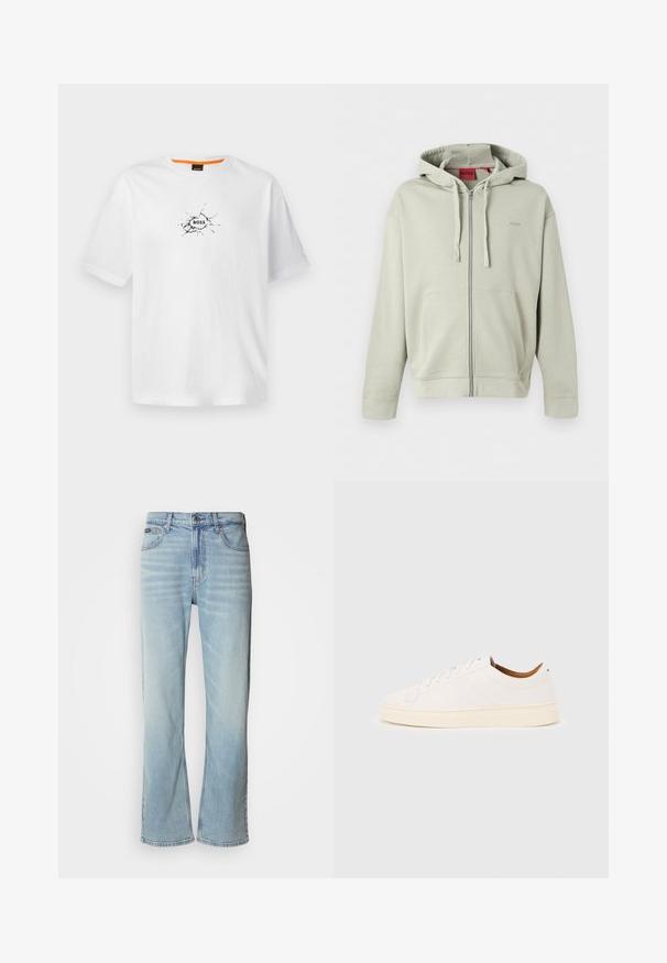 Sudadera con capucha gris claro con cremallera, bolsillos delanteros, capucha con cordón, puños acanalados y logo de marca sutil en el pecho.; Camiseta de algodón blanca con cuello redondo, que presenta un diseño negro agrietado y la palabra "BOSS" en el centro. Manga corta.; Jeans de mezclilla azul claro con corte recto, que cuentan con cinco bolsillos, un cierre de botón y un ligero desvanecimiento en la tela.; Zapatilla blanca de corte bajo con diseño de cordones, detalles mínimos de costuras y suela color crema sobre un fondo gris claro.