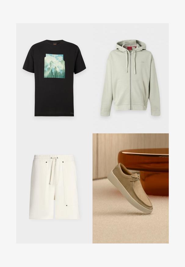 Sweat à capuche zippé gris clair avec poches avant, capuche à cordon, poignets côtelés et logo discret de la marque sur la poitrine.; T-shirt en coton noir avec un motif graphique représentant un paysage bleu et vert, incluant des arbres et des nuages, centré sur le devant.; Shorts taille élastique de couleur blanc cassé avec cordon à l'avant et grandes poches plaquées maintenues par de petites rivets métalliques.; Baskets en daim beige avec semelle épaisse blanche et lacets, positionnées sur un tapis beige texturé avec une table ronde brune brillante en arrière-plan.