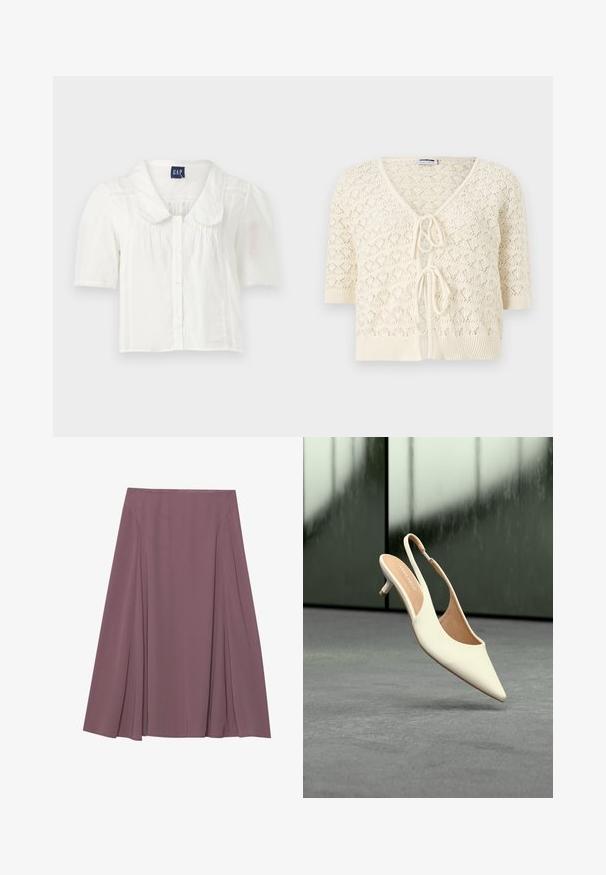 Hellcremefarbener, kurzärmeliger, gestrickter Cardigan mit V-Ausschnitt, offenem Vorderteil und zwei gebundenen Schleifen in der Mitte.; Weißes kurzärmliges Hemdblusenshirt mit Knopfverschluss, das subtile vertikale Falten und strukturierte Akzente entlang der Seiten aufweist.; Ein knielanger Rock in einem sanften Mauve-Ton, aus leichtem Stoff mit plissiertem Design und glatter Textur. Keine sichtbaren Verschlüsse.; Beige Slingback-Damenschuh mit spitzer Schuhspitze und niedrigem Kitten-Heel, schwebend über einem grauen Boden vor unscharfem dunklem Hintergrund.