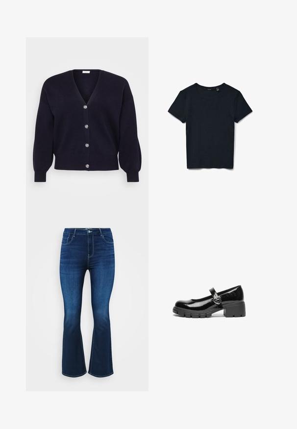 Marineblauer Cardigan aus weichem Stoff mit tiefem V-Ausschnitt, ausgestattet mit sechs dekorativen silbernen Knöpfen und leicht gepufften langen Ärmeln.; Schwarzes kurzärmeliges, geripptes Strick-T-Shirt mit rundem Ausschnitt, flach liegend auf weißem Hintergrund.; Dunkelblaue ausgestellte Jeans aus Denim, mit Fünf-Taschen-Design, Reißverschluss mit Knopf und kontrastierenden Nähten entlang der Säume.; Schwarzer lackleder Mary Jane Schuh mit einem klobigen Absatz, runder Spitzenform und einem Riemen mit einer herzförmigen Schnalle.