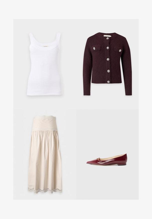 Dark purple knitted cardigan with long sleeves, featuring six decorative crystal buttons down the front and two small chest pockets.; White ribbed tank top with wide shoulder straps and a scoop neckline, displayed on a plain light background.; Cream-colored midi skirt with gathered waist and scalloped lace trim at top and hem against a white background.; Burgundy patent leather flats with a pointed toe, featuring a small cutout detail and a low heel. Smooth texture and sleek design.