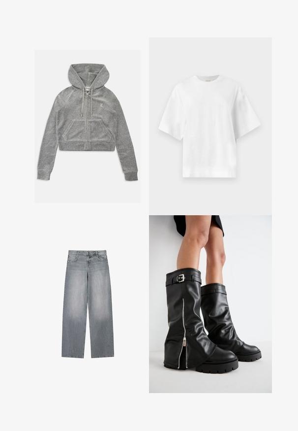 Grijze hoodie, geknipt en gemaakt van zacht materiaal, met een ritsluiting, geribbelde zoom, twee voorkookken en trekkoorden aan de capuchon. Subtiel logo detail.; Effen witte oversized T-shirt met korte mouwen en ronde hals, plat afgebeeld tegen een lichtgrijze achtergrond.; Grijze denim jeans met wijde pijpen en een vervaagde wassing, voorzien van een klassieke knoop- en ritssluiting, vijf zakken en contrasterende stiksels.; Zwarte leren kniehoge laarzen met een brede schacht, voorzien van een zijrits en een gespaccent, met een gestructureerde afwerking en een chunky rubberen zool.