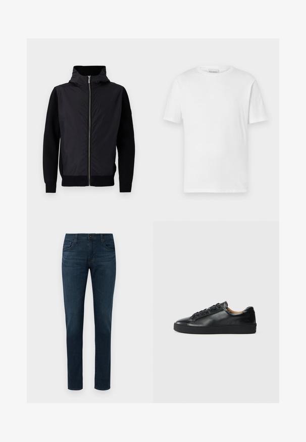 Veste noire avec fermeture éclair à l'avant, col montant et matériaux mixtes : partie supérieure lisse et manches et ourlet en maille côtelée.; T-shirt blanc à manches courtes en coton. Présente un col rond et un ourlet droit. Sans motifs ni embellissements. Design simple.; Jean slim-fit bleu foncé avec cinq poches, bouton à l'avant et fermeture éclair, présenté sur un fond blanc.; Baskets en cuir noir avec une texture lisse, bout rond et fermeture à lacets. Comprend une semelle en caoutchouc épaisse et un minimum de détails de marque.
