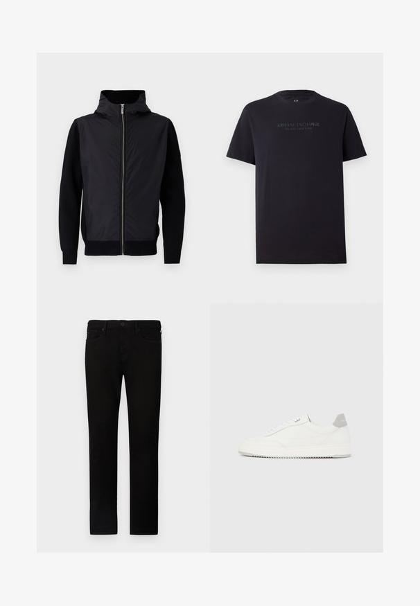 Sort jakke med lynlås foran, høj krave og blandede materialer: glat overdel og ribstrikkede ærmer og kant.; Sort bomulds t-shirt med korte ærmer, rund hals og en let afslappet pasform. Har "ARMANI EXCHANGE MILANO / NEW YORK" i mørkegrå tekst.; Sorte denim jeans med lige pasform, der har knaplukning, fem lommer og diskrete syninger. Blød tekstur og glat finish.; Hvid lavtop-sneaker med gråt hælflig, hvide snørebånd og tekstureret sål, vist på en ensfarvet lys baggrund.