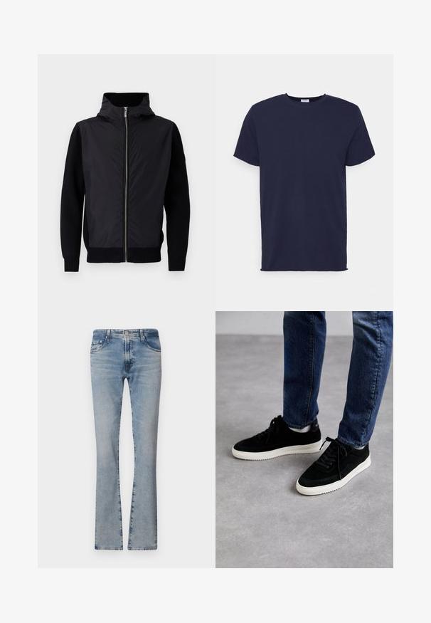 Schwarze Jacke mit einem Reißverschluss vorne, einem hohen Kragen und gemischten Materialien: glatter Oberteil und gerippte Strickärmel sowie -saum.; Marineblaues T-Shirt mit kurzen Ärmeln aus weichem Stoff. Es hat einen Rundhalsausschnitt und einen geraden Schnitt ohne Muster oder Akzente.; Hellblaue, ausgestellte Jeans aus Denim mit mittelhohem Bund, fünf Taschen und einem verblassten Finish, ausgestattet mit einem Reißverschluss und einem Metallknopfverschluss.; Schwarze Wildledersneaker mit einer weißen Gummisohle, die ein klassisches Low-Top-Design, eine abgerundete Spitze und flache schwarze Schnürsenkel aufweisen.