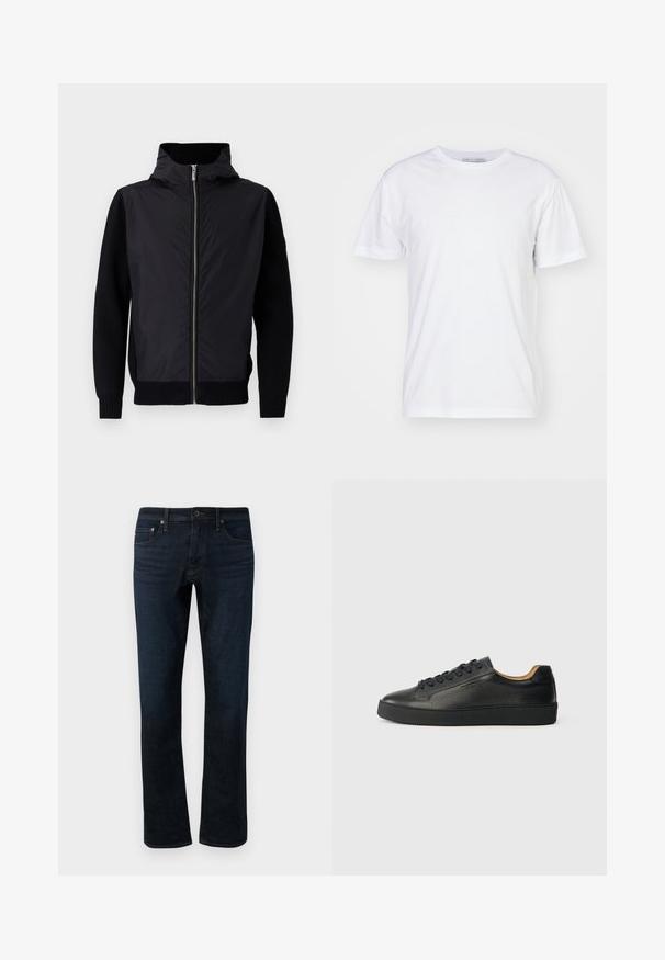 Schwarze Jacke mit einem Reißverschluss vorne, einem hohen Kragen und gemischten Materialien: glatter Oberteil und gerippte Strickärmel sowie -saum.; Weißes Baumwoll-T-Shirt mit Rundhalsausschnitt, kurzen Ärmeln und geradem Schnitt. Keine Muster oder Verzierungen, glatte Textur und schlichtes Design.; Dunkelblaue Denim-Jeans mit geradem Bein, ausgestattet mit einem klassischen Fünf-Taschen-Design und subtilen Steppdetails.; Schwarze, niedrig geschnittene Ledersneaker mit strukturierter Oberfläche, schwarzen Schnürsenkeln und dicker Gummisohle, seitlich auf einem hellen Hintergrund dargestellt.