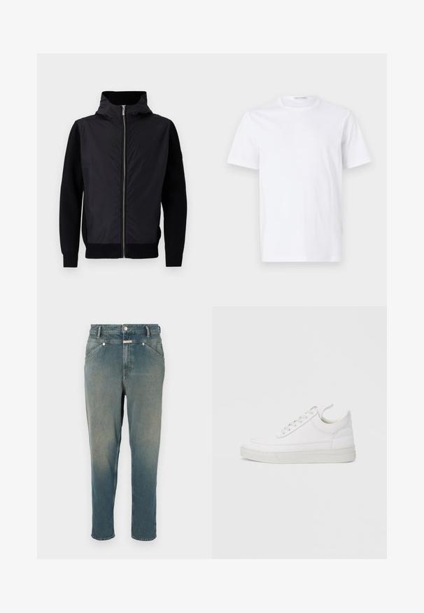 Sort jakke med lynlås foran, høj krave og blandede materialer: glat overdel og ribstrikkede ærmer og kant.; Hvid bomulds t-shirt med rund halsudskæring og korte ærmer. Glat tekstur, lige snit og minimalistisk design uden mønstre eller accenter.; Denim jeans i falmet blå, lige fit med høj talje. Har bæltestropper, fem lommer og metalknaplukning. Let slidte detaljer.; Hvid lædersneaker med rundet tå, flad sål og snørebånd foran. Har syningsdetaljer og polstret krave for komfort.