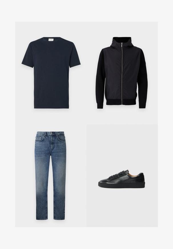 Schwarze Jacke mit einem Reißverschluss vorne, einem hohen Kragen und gemischten Materialien: glatter Oberteil und gerippte Strickärmel sowie -saum.; Navyblaue T-Shirt mit kurzen Ärmeln aus weicher Baumwolle. Verfügt über einen Rundhalsausschnitt und ein einfaches, klares Design ohne Muster oder Akzente.; Blaue Jeans aus Denim mit geradem Schnitt, fünf Taschen, einem metallischen Knopfverschluss und leichter Ausbleichung an den Oberschenkeln. Klassische Steppnähte überall.; Schwarze Leder-Sneaker mit glatter Textur, runder Zehenpartie und Schnürverschluss. Verfügt über eine dicke Gummisohle und minimalistische Marken-Details.