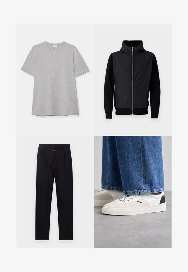 Sort jakke med lynlås foran, høj krave og blandede materialer: glat overdel og ribstrikkede ærmer og kant.; Grå kortærmet T-shirt lavet af blødt, struktureret stof. Har en klassisk rund hals og en lige kant, velegnet til afslappet brug.; Sorte bomuldsbukser med lige ben, med frontfolder, sidelommer og lynlås. Struktureret stoffinish.; Hvide og sorte sneakers med en glat læderoverdel, teksturerede detaljer og en kraftig hvid sål. Har et klassisk snørebåndsdesign.