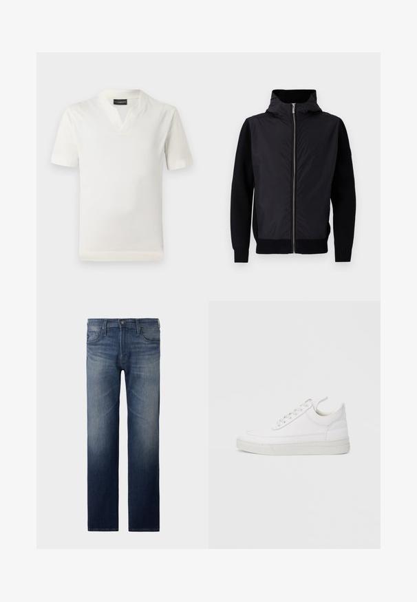Black jacket featuring a zip front, a high collar, and mixed materials: smooth upper and ribbed knit sleeves and hem.; White short-sleeve t-shirt with a v-neck design and soft texture. Simple, straight cut with no patterns or additional accents.; Straight-leg jeans in dark blue wash. Features five pockets, zip fly, and button closure. Slightly faded texture at the thigh. Denim fabric.; White leather sneaker with a rounded toe, flat sole, and lace-up front. Features stitching details and a padded collar for comfort.
