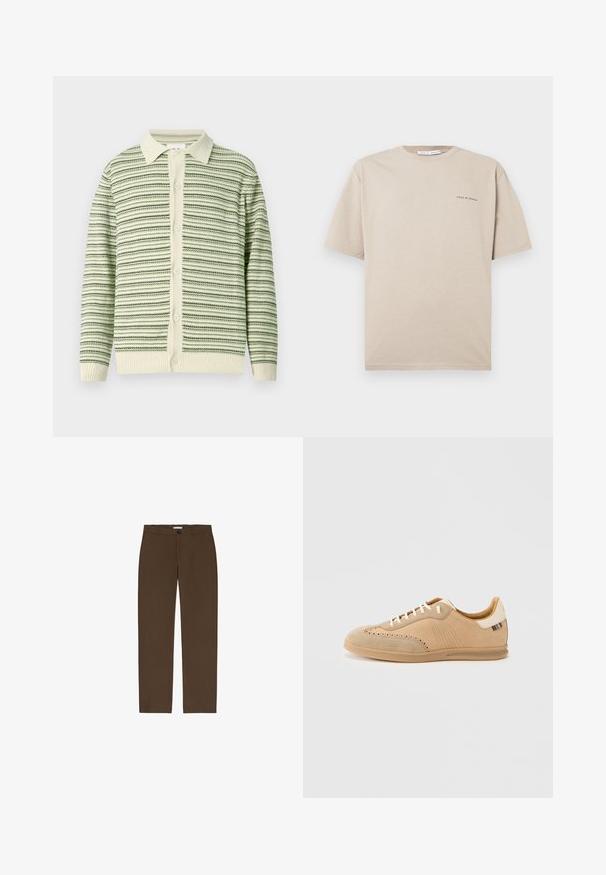 Grøn og cremefarvet cardigan med striber, krave, knappet front og ribbede manchetter. Struktureret strikmateriale med vekslende mønstre.; Beige kortærmet t-shirt lavet af blød bomuld, med rund hals og et minimalistisk sort "Tiger of Sweden" logo på venstre bryst.; Brune, lige ben bukser lavet af tekstureret stof. Har en frontknap lukning og bæltestropper. Ingen synlige lommer eller mønstre.; Beige ruskindssneaker med perforerede detaljer, cremefarvede snørebånd og en tekstureret tan-sål, med en farvekontrast accent på hælen.