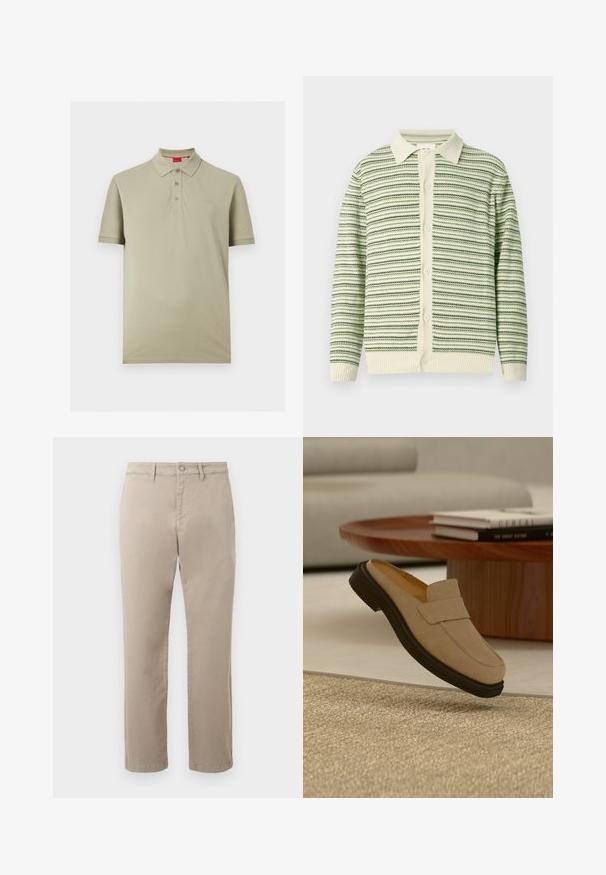 Cardigan rayé vert et crème avec un col à revers, un devant boutonné, et des poignets côtelés. Matière tricotée texturée avec des motifs alternés.; Polo beige clair à manches courtes avec trois boutons et un petit logo "HUGO" sur la poitrine gauche.; Pantalon beige à jambes droites avec fermeture à bouton et zip, passants pour ceinture et poches avant.; Mocassin en daim beige avec une semelle noire posé sur un tapis texturé couleur cuir clair, avec une table basse ronde en bois et des livres en arrière-plan.