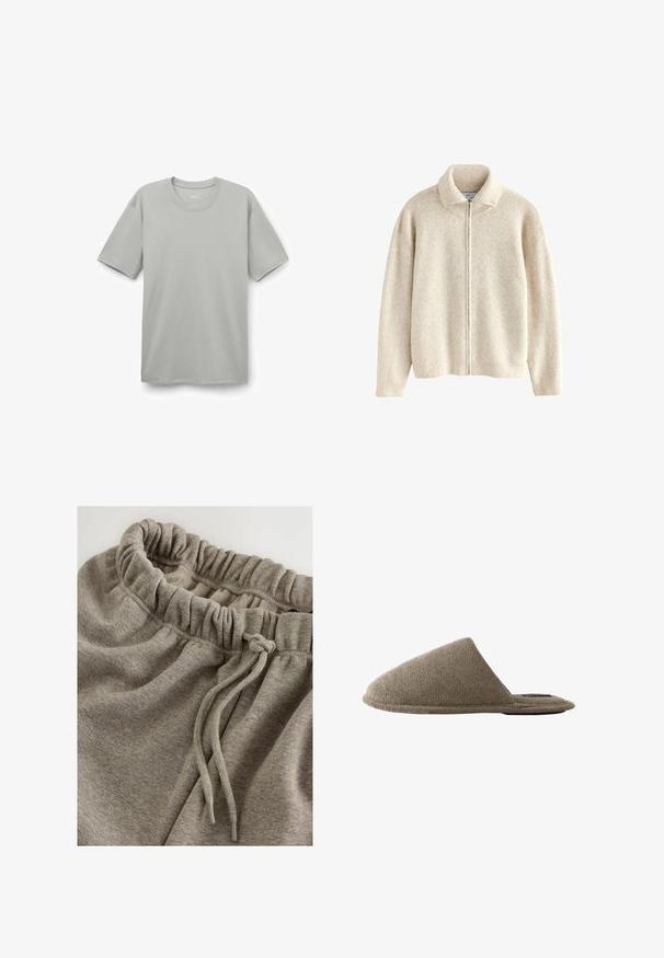 Next REGULAR FIT - Chaqueta de punto - neutral; Camiseta de algodón gris claro con cuello redondo, mangas cortas y un ajuste relajado. Textura suave sin patrones ni adornos visibles.; Pantalones de chándal grises de algodón con una cinturilla elástica de textura fruncida y un cordón para mayor ajustabilidad. Tejido suave y liso.; Zapatilla única marrón de punta cerrada con tejido suave y texturizado y suela plana, mostrada desde el lateral sobre fondo blanco.