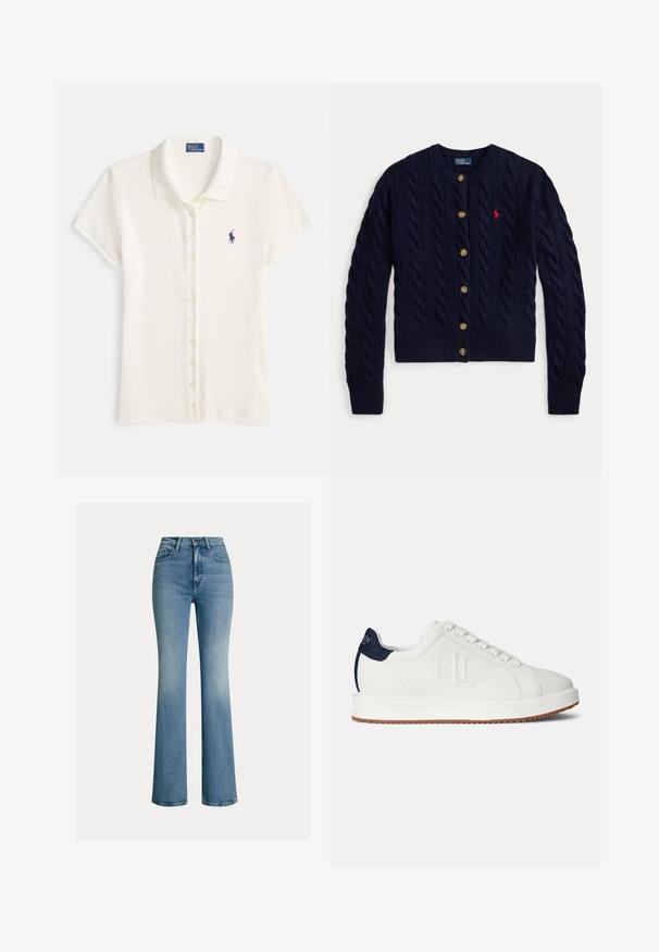 Tmavomodrý sveter s vrkočovým vzorom so šiestimi gombíkmi a červeným vyšitým logom Polo Ralph Lauren na ľavej strane hrudníka.; Polokošeľa z béžovej bavlny s krátkymi rukávmi, golierom a zapínaním na gombíky. Na hrudi má malú námornícku modrú logo.; Modré rifle s vysokým pásom, predné vrecká, pútka na opasok a mierne rozšírený lem.; Biele tenisky s textúrovaným povrchom, námorníckym akcentom na päte a gumovou podrážkou. Na boku majú prešitý logo.