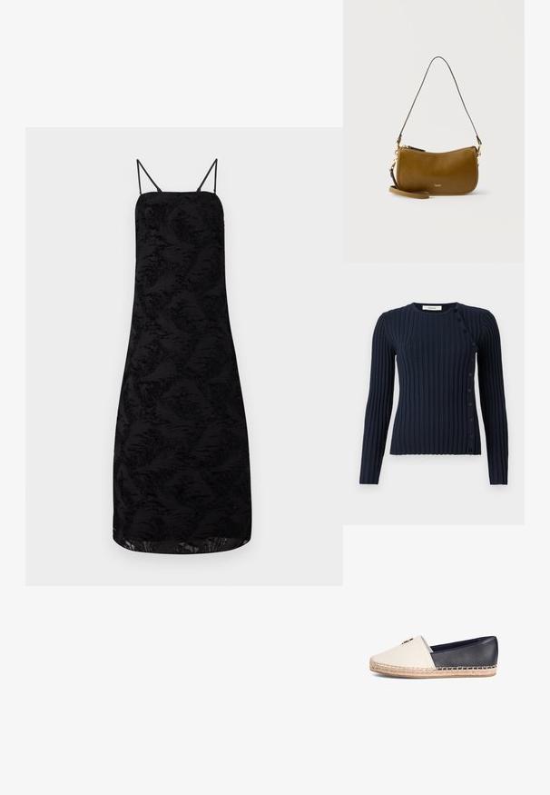 Pull-over long en maille côtelée marine à manches longues avec un col rond et une fermeture à boutons sur le côté gauche. Fabriqué en matériau tricot doux.; Robe noire à bretelles spaghetti, avec un tissu texturé à motif floral, longueur genoux et une silhouette droite.; Espadrille plate en cuir crème et marine, avec une semelle en jute tressé et un accent ton doré sur la partie crème. Texture lisse, modèle facile à enfiler.; Sac à bandoulière en cuir marron avec ferrures dorées et fermeture éclair, doté d'une poignée courte et d'une longue sangle amovible.