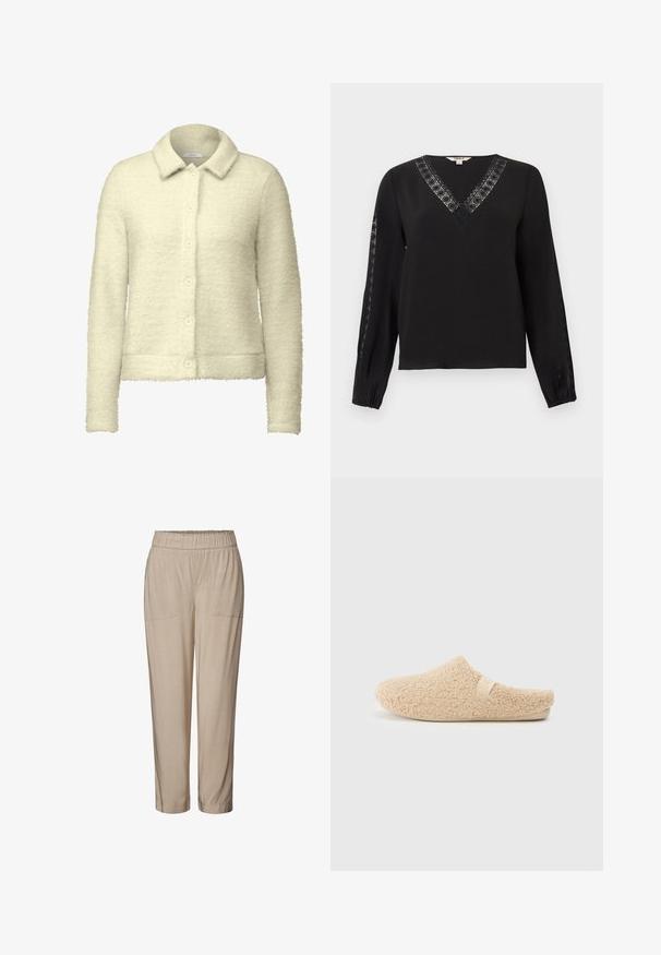 Cardigan de crema clara hecho de tejido suave y texturizado. Cuenta con un cuello en punta, cierre frontal de botones y mangas largas.; Blusa negra de manga larga con escote en V y ribete de encaje a lo largo del escote y las mangas exteriores, puños elásticos, diseño sencillo y elegante.; Pantalones beige con cintura elástica, dos bolsillos frontales, diseño de pierna entallada y textura suave. Adecuados para un uso casual o relajado.; Zapatilla beige hecha de material esponjoso y texturizado. Diseño de talón cerrado con punta redondeada y una etiqueta de logo sutil en el lateral. Suela ligera.