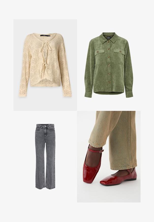 Beige hækle-langærmet top med to knuder foran og blomstret hullet mønster, vist på en ensartet lys baggrund.; Grøn kordfløjlsskjorte med krave, to brystlommer og knaplukning, der har en blød tekstur og vertikal rillemønster.; Grå denimjeans i høj talje og med lige ben, med frontknap, lynlåslukning og klassisk design med fem lommer.; Røde patentlæder sko med firkantet tå, lav hæl og ankelrem, parret med lysegrønne vide bukser. Glat tekstur, reflekterende overflade.