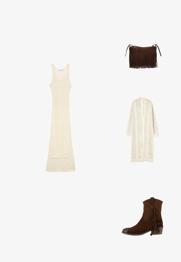 Lang cremefarvet åben-front strikket cardigan med perforeret mønster, lange ærmer og ribstrikket kant.; Strikkjole i lys beige med en tætsiddende pasform, der har en scoop halsudskæring og åben mesh-mønster over det hele, som når til midt på læggen.; Brun ruskind ankelstøvle med lav stakket hæl, perforeret overdel og frynse-detalje på siden.; Brun ruskind skuldertaske med lange frynser og justerbare remme, lynlås lukning langs øverste kant.