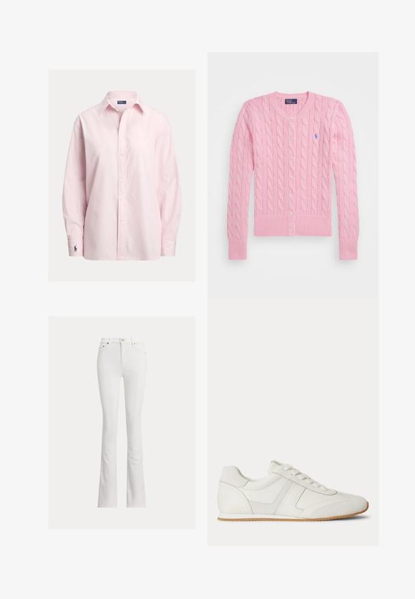 Cárdigan de punto con trenzado en rosa claro, manga larga, cierre con botones, puños y dobladillo acanalados, y un pequeño logo azul de Polo Ralph Lauren en el pecho.; Camisa rosa claro abotonada hecha de una suave mezcla de algodón, con cuello estándar, mangas largas y un pequeño logo bordado en el puño.; Jeans flare blancos hechos de una mezcla de algodón. Presentan una cintura alta, bolsillos delanteros y cierre de botones. Textura suave sin patrones.; Zapatilla blanca de corte bajo con cordones en la parte frontal, paneles de ante y cuero, y una suela de goma marrón claro sobre un fondo blanco.