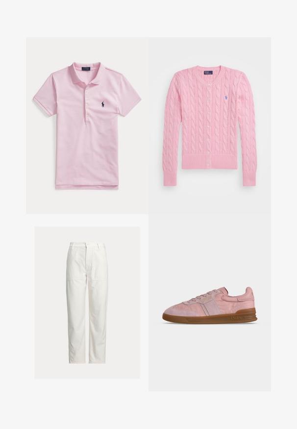 Cárdigan de punto con trenzado en rosa claro, manga larga, cierre con botones, puños y dobladillo acanalados, y un pequeño logo azul de Polo Ralph Lauren en el pecho.; Polo de manga corta color rosa claro con cuello, cuatro botones y un pequeño logo bordado de color azul oscuro en el pecho izquierdo.; Pantalones blancos de pierna recta con grandes bolsillos parche delanteros, trabillas para cinturón y cierre con botón en la cintura.; Zapatilla baja en tela rosa y ante con suela de goma marrón, cordones y logo Polo en relieve en el lateral y el talón.
