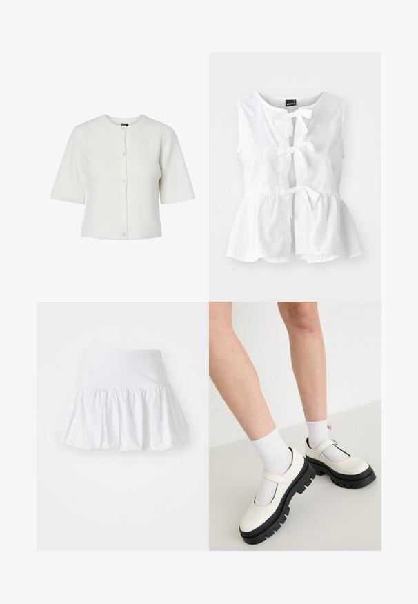 Cardigan blanc à manches courtes avec un col rond, texture côtelée et fermeture à cinq boutons ; tissu doux avec une coupe décontractée.; Haut sans manches blanc en tissu léger, avec un ourlet en peplum, des nouages à l'avant et une ouverture en forme de trou de serrure, avec un col arrondi.; Jupe évasée blanche fabriquée en tissu léger, avec un design froncé et une taille élastique pour le confort. Pas de motifs ni d'accents visibles.; Des chaussures Mary Jane en cuir verni blanc avec une semelle noire épaisse, comportant une sangle sur le cou-de-pied et portées avec des chaussettes blanches.