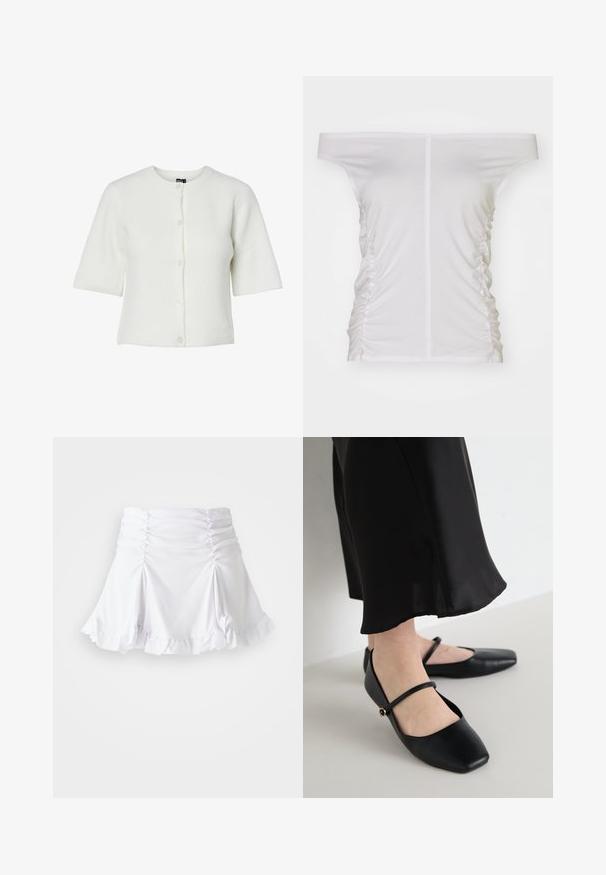 Biely krátky cardigan s krátkym rukávom, okrúhlym výstrihom, ryhovanou textúrou a zapínaním na päť gombíkov; mäkký materiál s voľným strihom.; Biela blúzka bez ramienok, zhromaždené bočné detaily, jemná tkanina, priliehajúci strih a rovný výstrih.; Biela sukňa vyrobená z textúrovanej látky s riasením a volánovým lemom. Má rozšírený strih s priliehavým pásom.; Čierne ploché topánky so štvorcovým špičkou, vyrobené z hladkej kože, s jedným remienkom cez nohu a malým dekoratívnym akcentom.