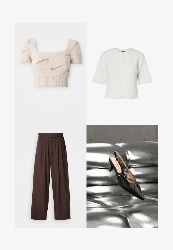Witte cardigan met korte mouwen, ronde hals, ribbelstructuur en vijf knopen; zachte stof met een relaxte pasvorm.; Korte mouwen, cropped top in zachte, gestructureerde stof. Lichtroze kleur met bruine, golfachtige patronen. Vierkante halslijn en ribbelzoom.; Bruine wijduitlopende broek met hoge taille, geplooide voorkant en een gladde stoftextuur. Heeft twee zijzakken en een nette, op maat gemaakte uitstraling.; Zwarte lakleren slingback kittenheel met gouden gesp, liggend op glanzend zilverkleurig, gequilte leren bekleding.